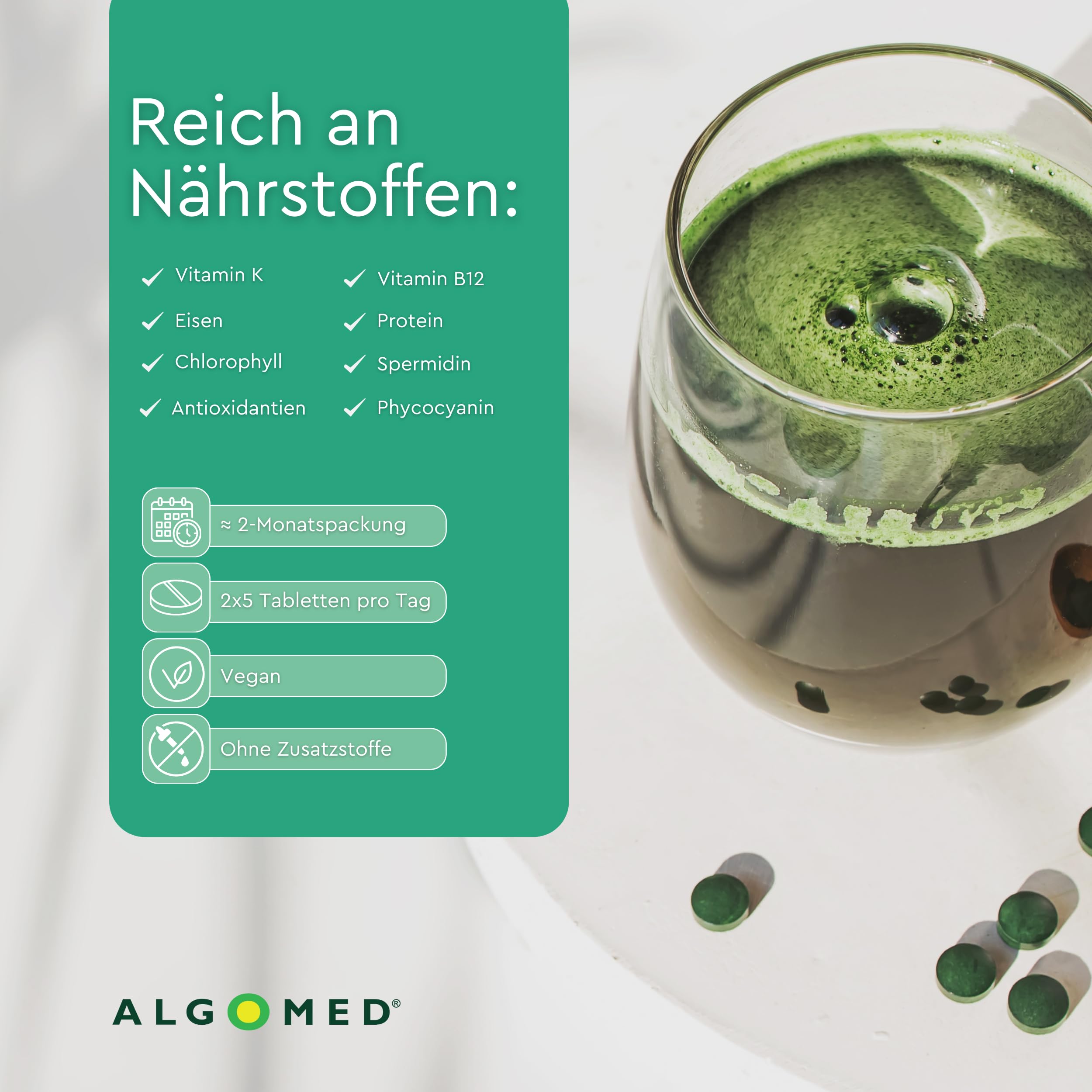Spirulina Chlorella Tabletten aus Deutschland - ca. 583 Premium Presslinge - 100% rein, ohne Zusätze - laborgeprüft, kontrolliert & vegan - (1 x 175 g)