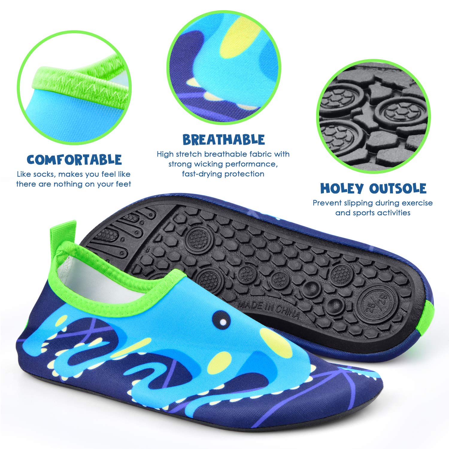 Sunnywoo Water Shoes for Kids Girls Boys,Toddler Kids Swim Water Shoes Quick Dry Non-Slip Water Skin Barefoot Sports Shoes Aqua Socks for Beach Outdoor Sports,1.5-2.5 Infant,Blue Octopus