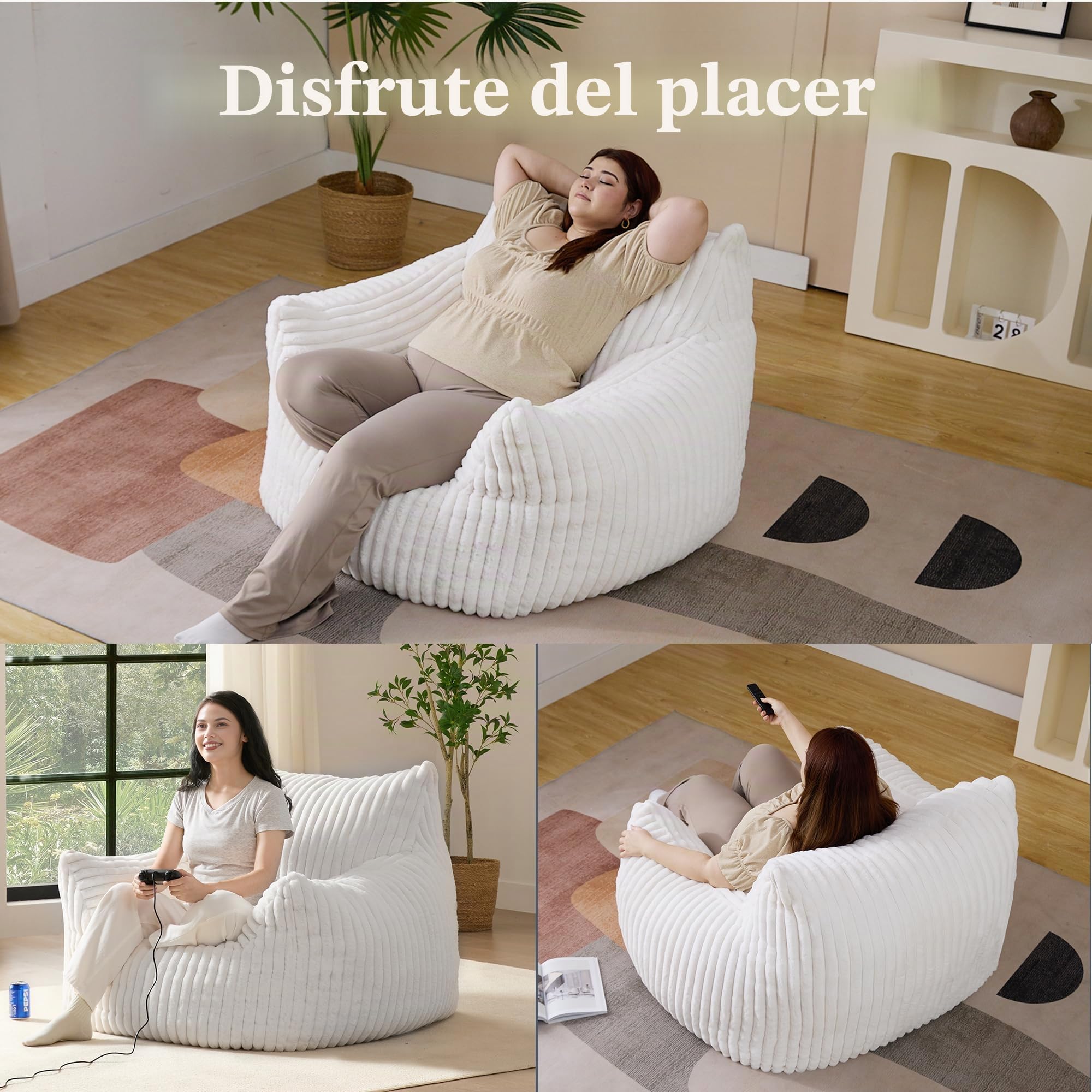 Puf gigante de felpa para adultos con reposabrazos, cómodo puf beige de gran tamaño para sala de estar, dormitorio y dormitorio, mini sofá acogedor y esponjoso de nube individual