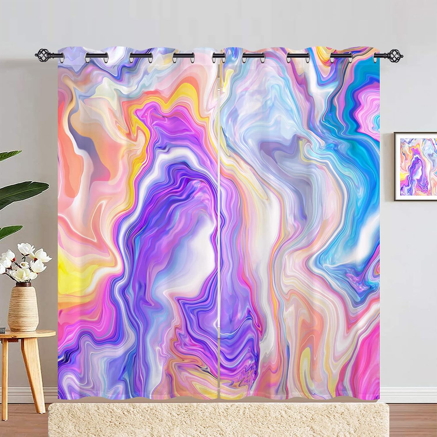 ANHOPE Abstract Curtains Grommet Blackout Room Darkening Curtains with Colorful Marble Texture Neon Fluid Print Pattern Modern Art Theme Window Drapes for Bedroom Living Room 2 Panels 29.5 x 63 Inch