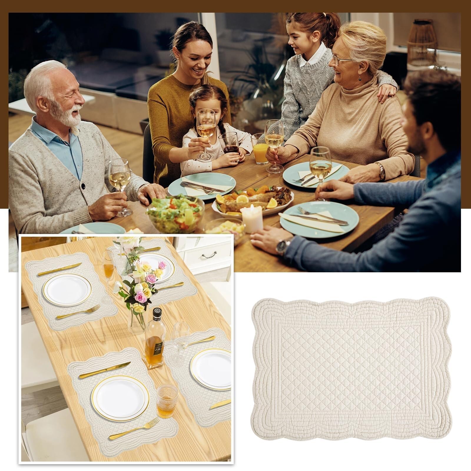 Tovagliette 6 Tovagliette Trapuntate,Set Cotone Reversibili Rettangolari Bordi Smerlati For Cucina,Cena,Feste,Vacanze,Lavabili Lavatrice,13"x18"(2)