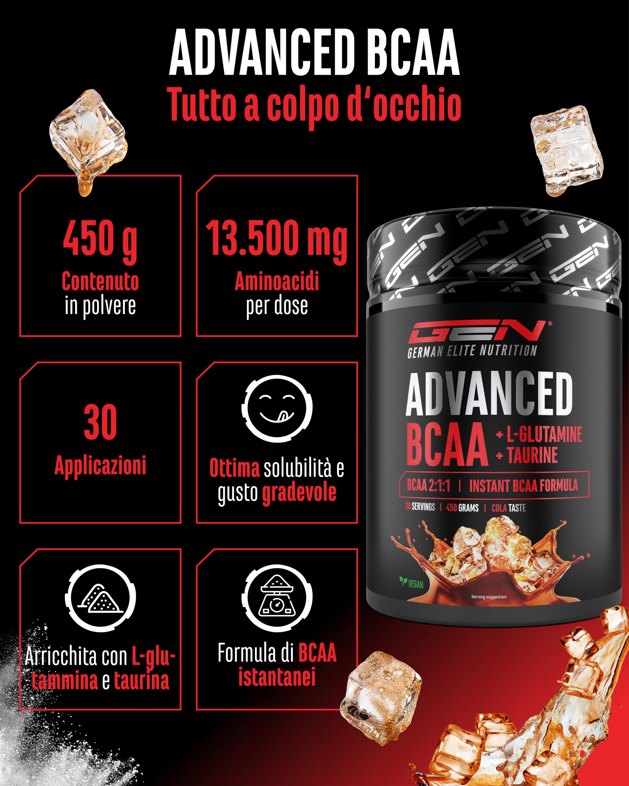 Advanced BCAA in Polvere 450 g - Aminoacidi 2:1:1 con L-glutammina e taurina - BCAA istantanei, ottima solubilità e gusto - Vegano - 30 porzioni (Cola)