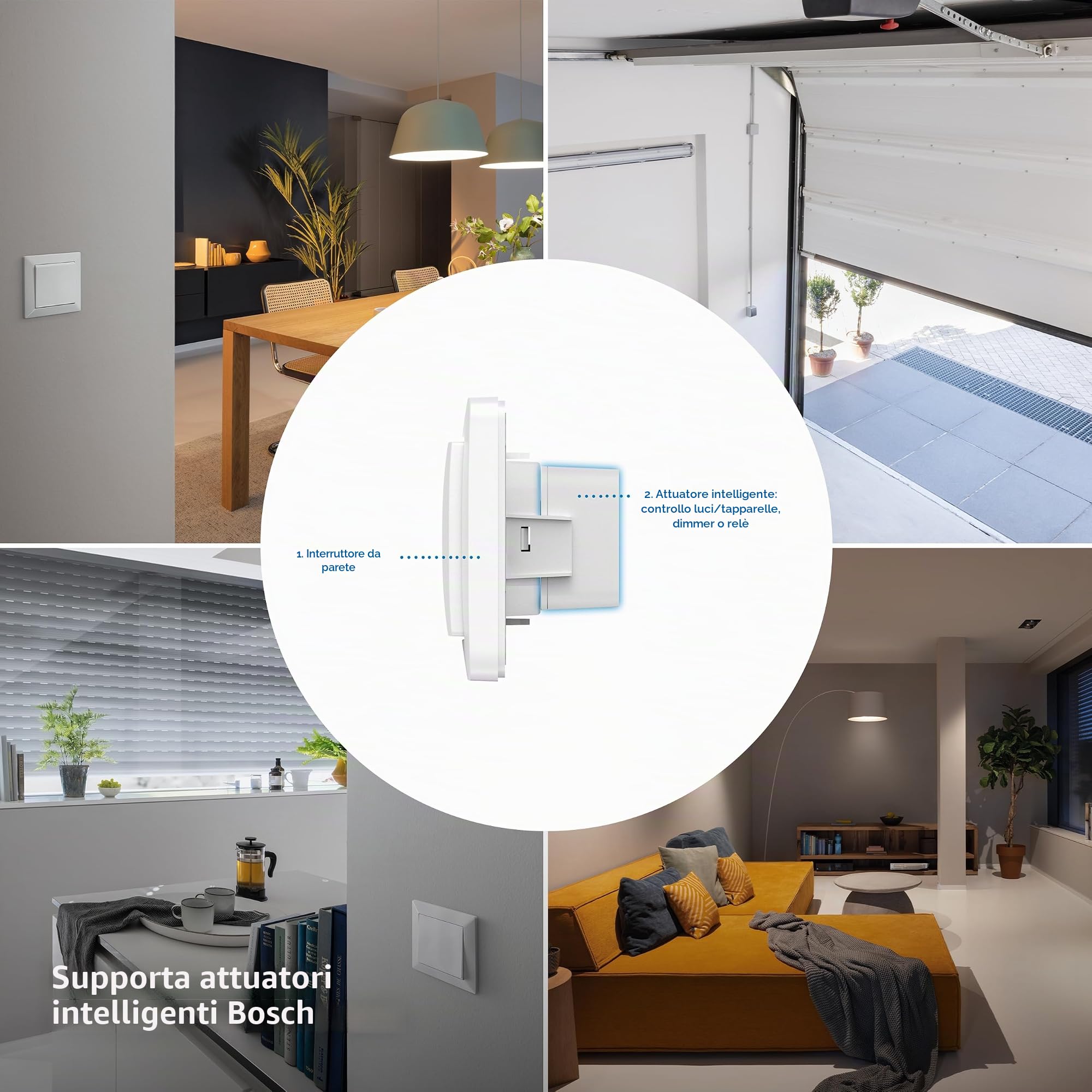 Bosch Smart Home Interruttore a parete per attuatori smart, integrazione salvaspazio nelle scatole a parete, per controllo luci/tapparelle II, relè o dimmer, confezione da 4
