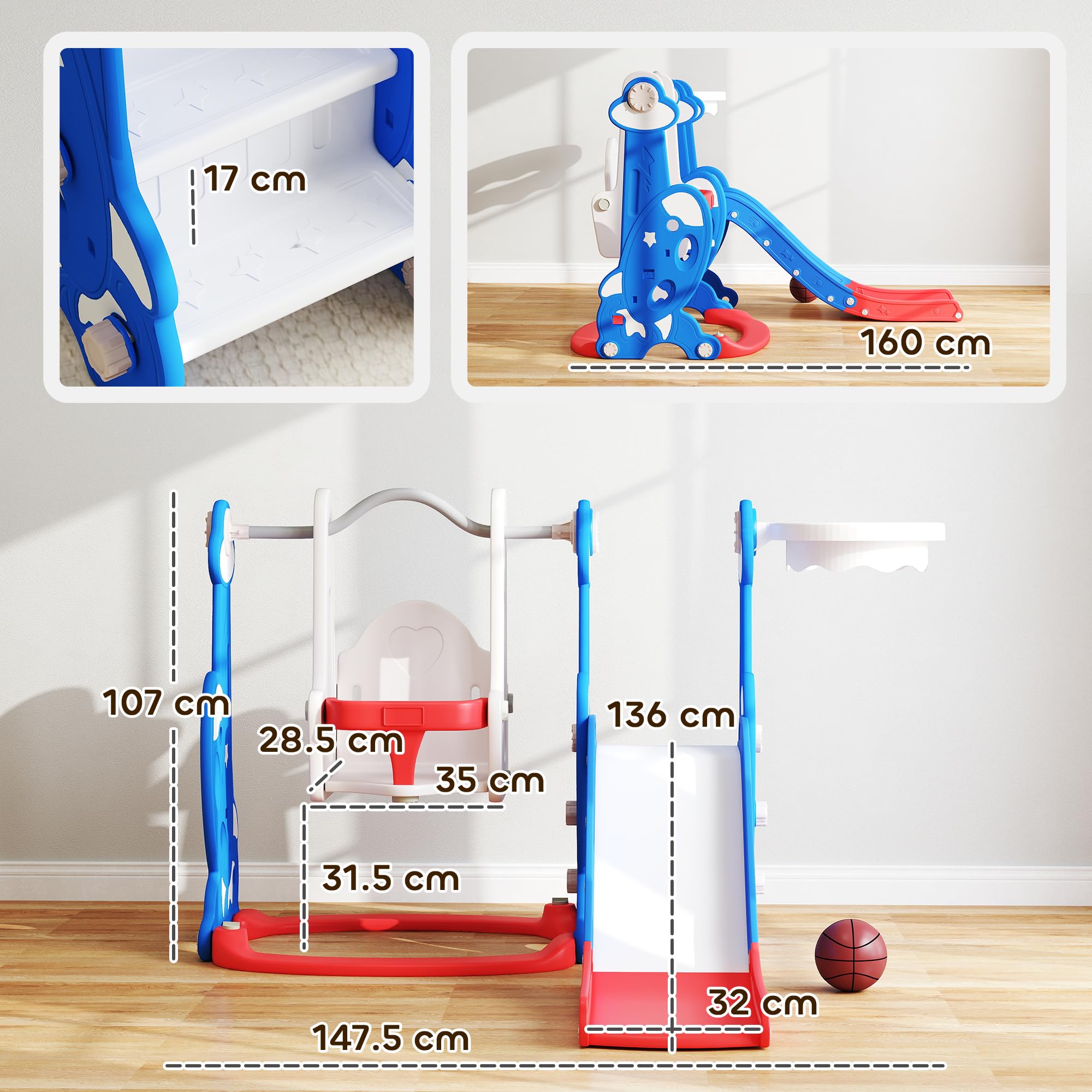 Qaba 4-in-1 Kletterrutsche mit Basketballkorb, 1,5-4 J., dunkelblau | Baby-Kinder Indoor-Rutsche-Schaukel-Set, Indoor-Spielplatz, für Jungen Mädchen Kleinkind, Raketen-Thema