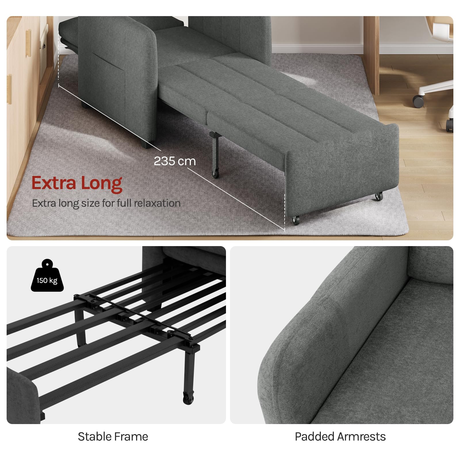 WOLTU 3-in-1 Schlafsessel, mit 5-Fach verstellbare Rückenlehne, Dunkelgrau | Schlafsofa mit Seitentasche, zu 235 cm verlängern, bequemer Lesesessel platzsparend, bis 150 kg, 76,5 x 85 x 82,5 cm