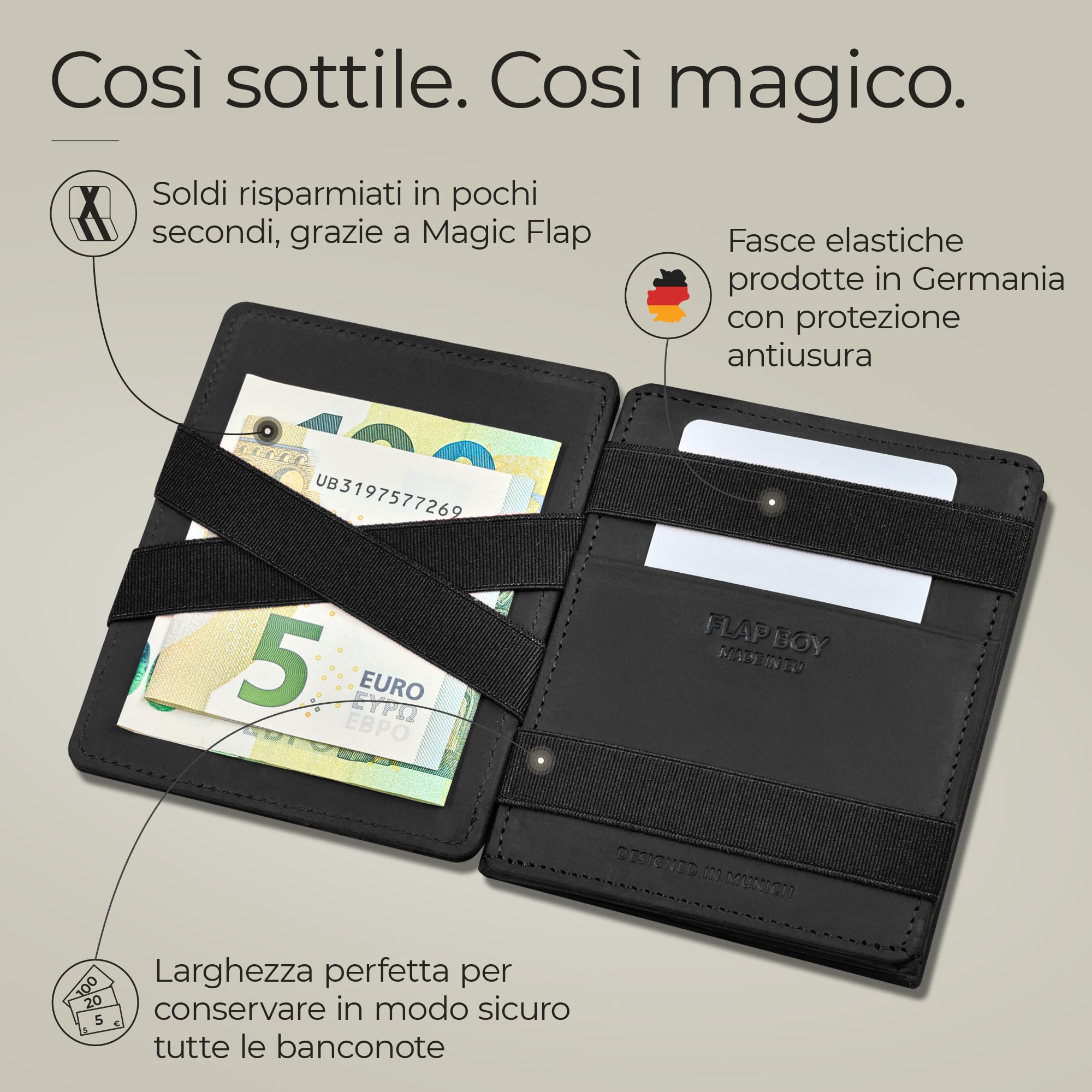 Jaimie Jacobs Flap Boy Portafoglio Magico con scompartimento per monete e RFID-Blocker Magic Wallet di pelle da uomo (Abbronzatura Nero)