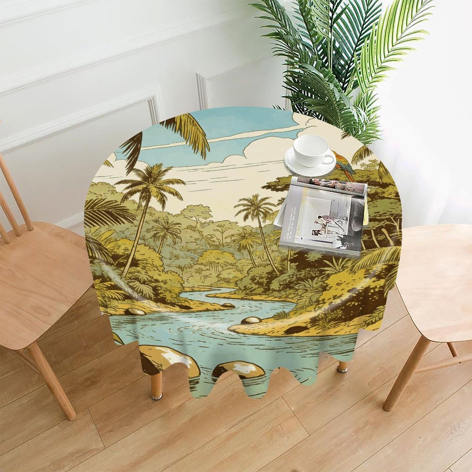 VstaDank Tropical Jungle Table Cloth Fashions Washable Round Tablecloth Decorative Table Cover Comfortable Straight Edge Tablecover for Dining Kitchen Party Outdoor 60 Inch