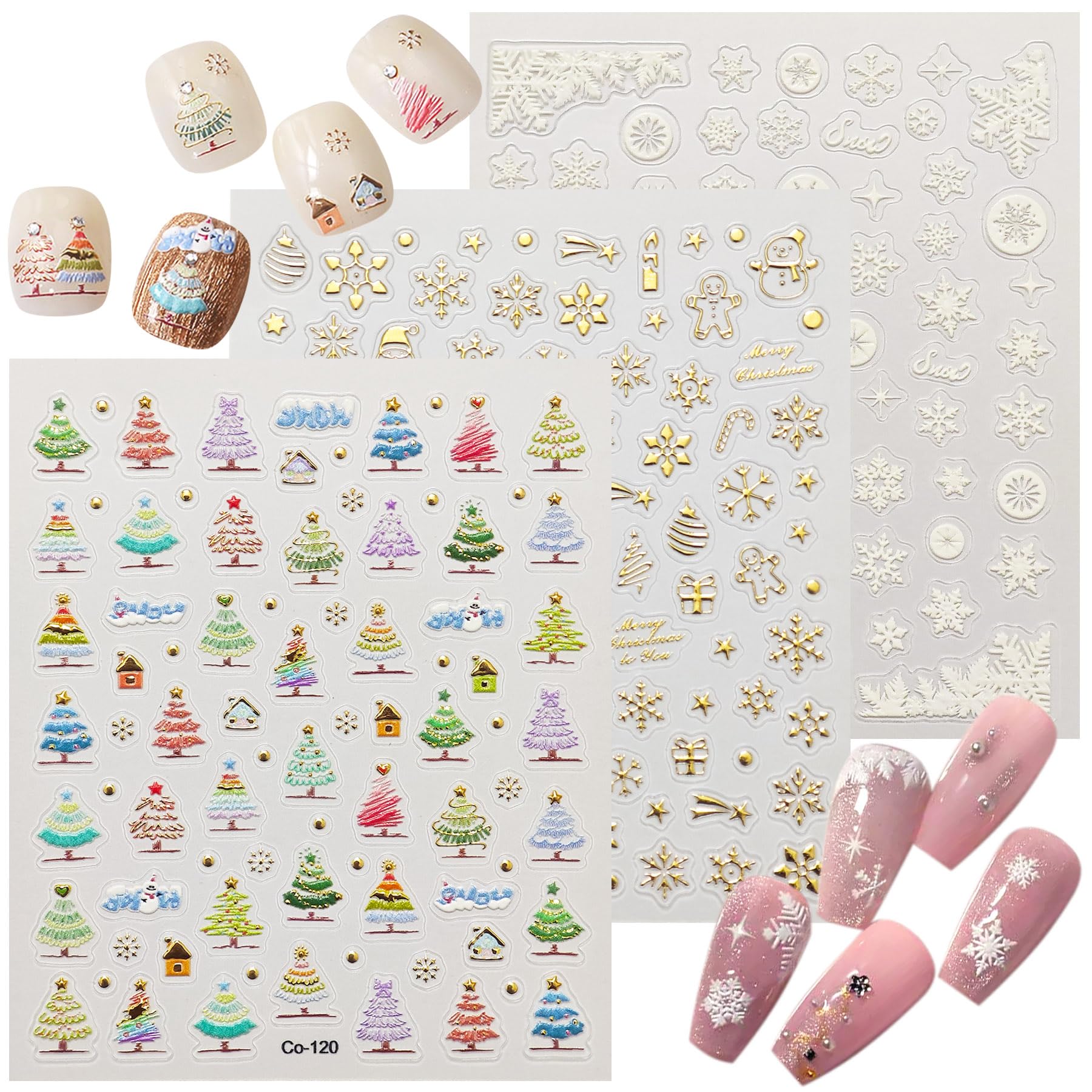 5D Embossed Christmas Stickers - 3 Sheets Self-Adhesive Nail Decals, Christmas Trees, Snowflakes, 3D Stickers