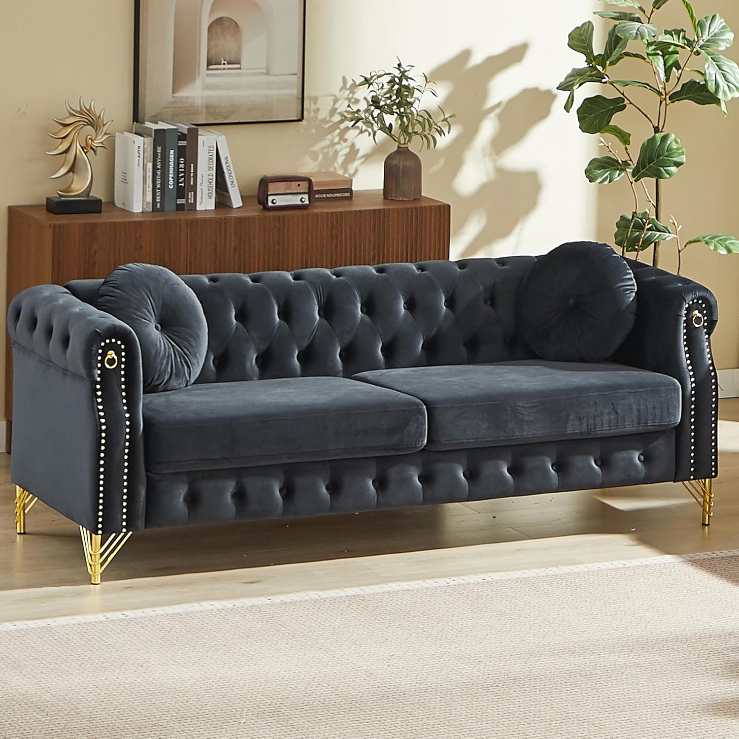 KEIKI 82 inch Chesterfield Sofa, Retro Style Upholstered 3 Seat Velvet Couch with Rolled Arm for Living Room Bedroom Office Apartment, Black