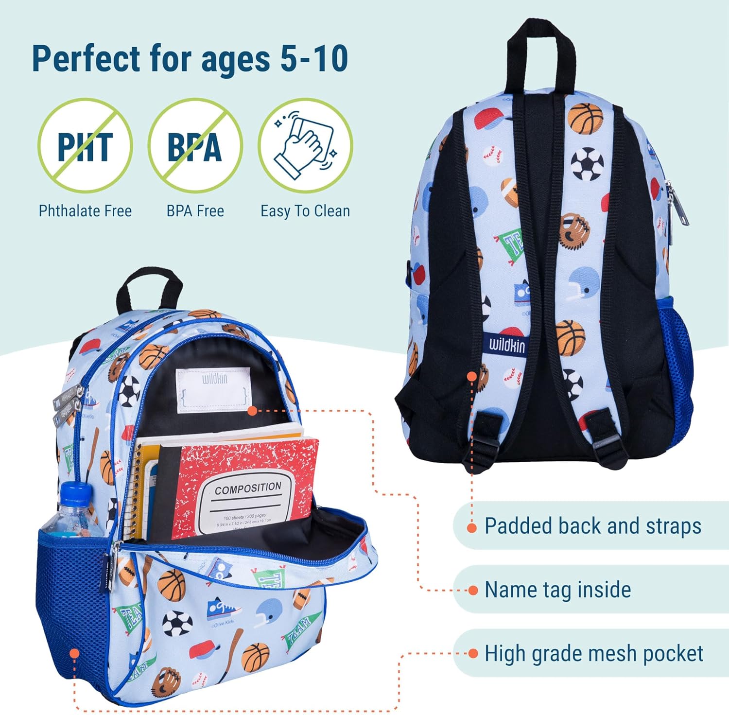 Wildkin 15-inch Kids Backpack – Durable, Padded, Adjustable for School & Travel - Game On - Image 3