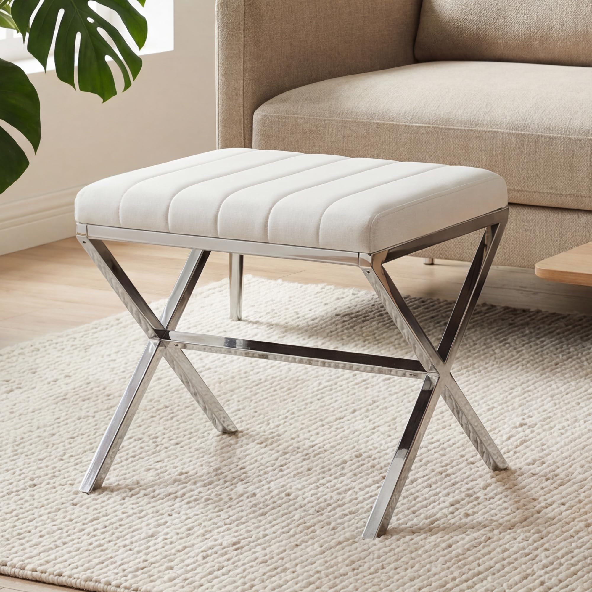 DUHOME Tabouret de Maquillage Rembourré Pouf Coiffeuse Moderne Ottoman X Leg Sièges Piano Pieds en Métal pour Chambre Salon Toilette, Blanc