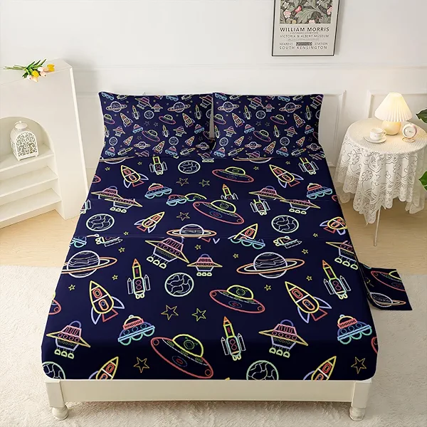 QOOMO Color Planet Kids Sheets Sets, Breathable Bed Set Cartoon Rocket Room Decoration for Boys,Queen Bedding Set Flat Fitted Sheets Set, 1 Fitted Sheet, 1 Flat Sheet, 2 Pillow Cases
