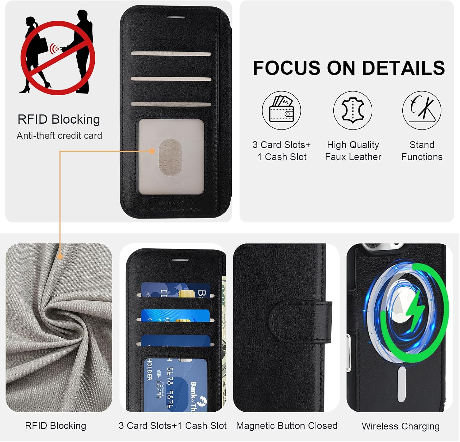 VANAVAGY Compatible for iPhone 16 Pro Max Wallet Case for Magsafe Wireless Charging, PU Leather Folio Flip Case Wrist Strap [Screen Protector & Camera Lens Cover] with RFID Blocking Card Holder,Black