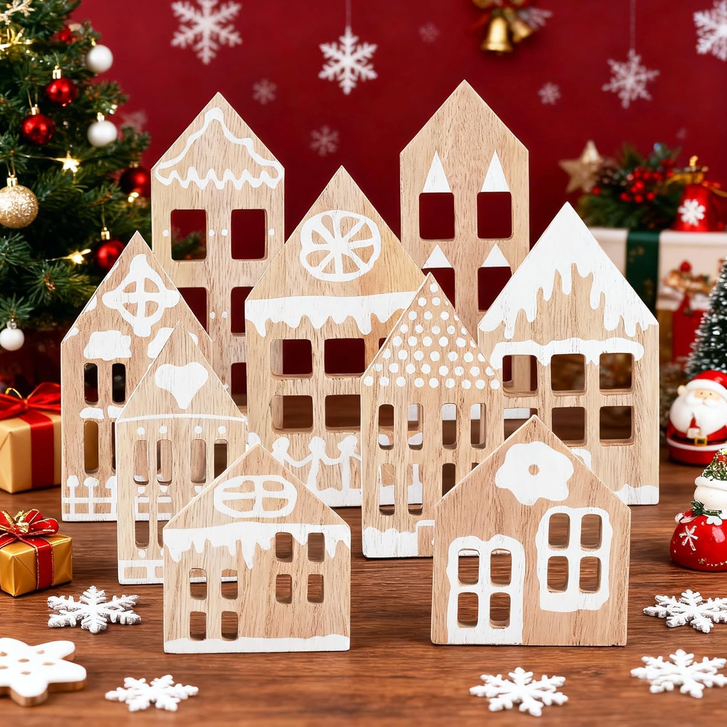 9 Pcs Christmas Village Houses Set with String Light Rustic Wooden Gingerbread House Xmas Decoration Centerpiece for Home Desk Shelf Mantel Farmhouse Tabletop (Style1) - Image 4