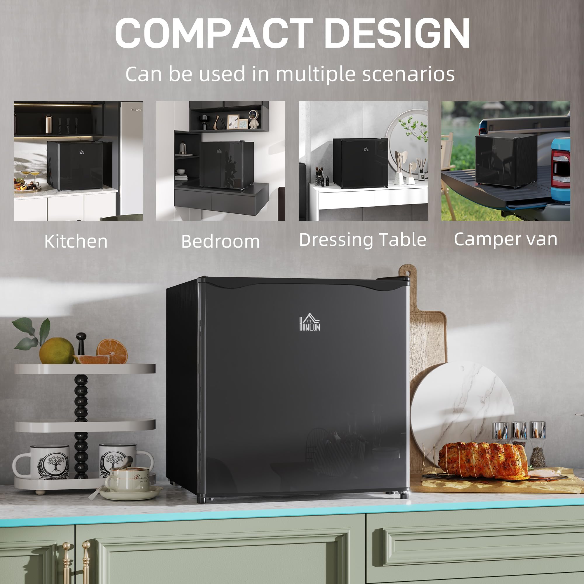 HOMCOM 46 Litre Table Top Mini Fridge, Small Fridge with Ice Box, Reversible Door, Adjustable Temperature and Legs for Bedrooms, Home Office, Black — view 6
