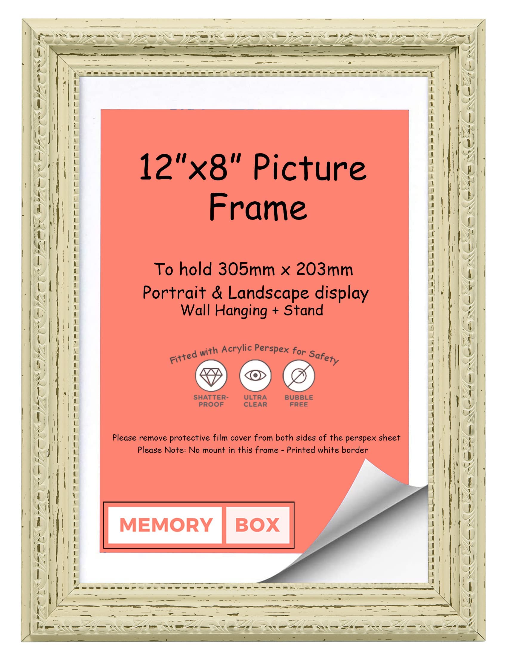 Memory Box Ornate Shabby Chic Picture/Photo/Poster frame with Real Glass - (30.5 x 20.3cm) White Distressed 12" x 8"