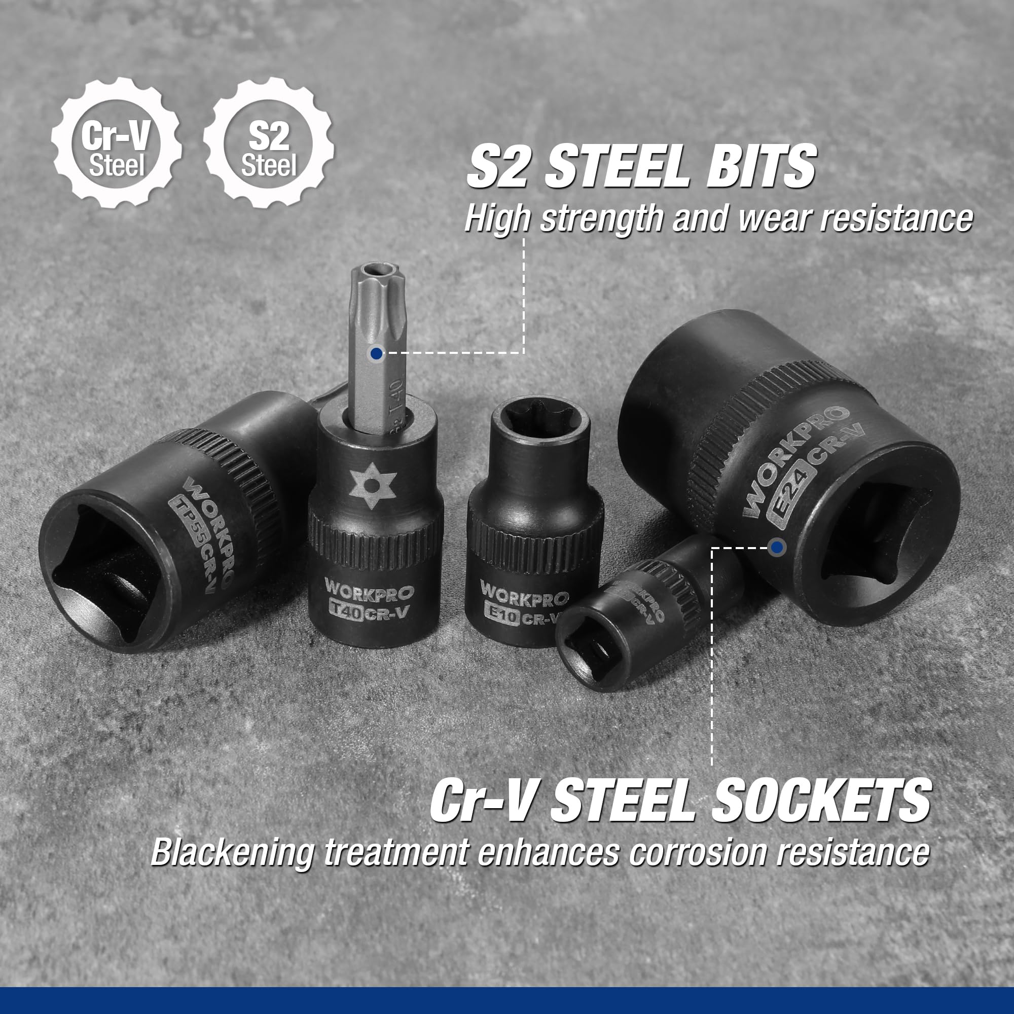 WORKPRO 60-Piece Master Torx Bit Socket Set, 1/4", 3/8", 1/2" Drive Bits, E4-E24, T6-T70, TT6-TT70, TP8-TP60 - Image 3