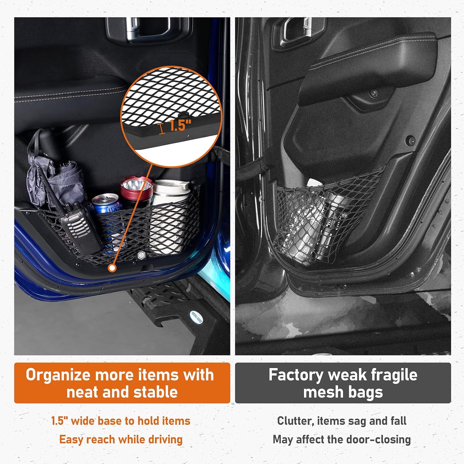 Hooke Road Rear Door Pocket Storage Mesh Cargo Net for 2018-2026 Jeep Wrangler JL Unlimited 4-Door & 2020-2026 Jeep Gladiator JT, 2PCS Door Side Insert Organizer Aluminum Base and Mesh Set