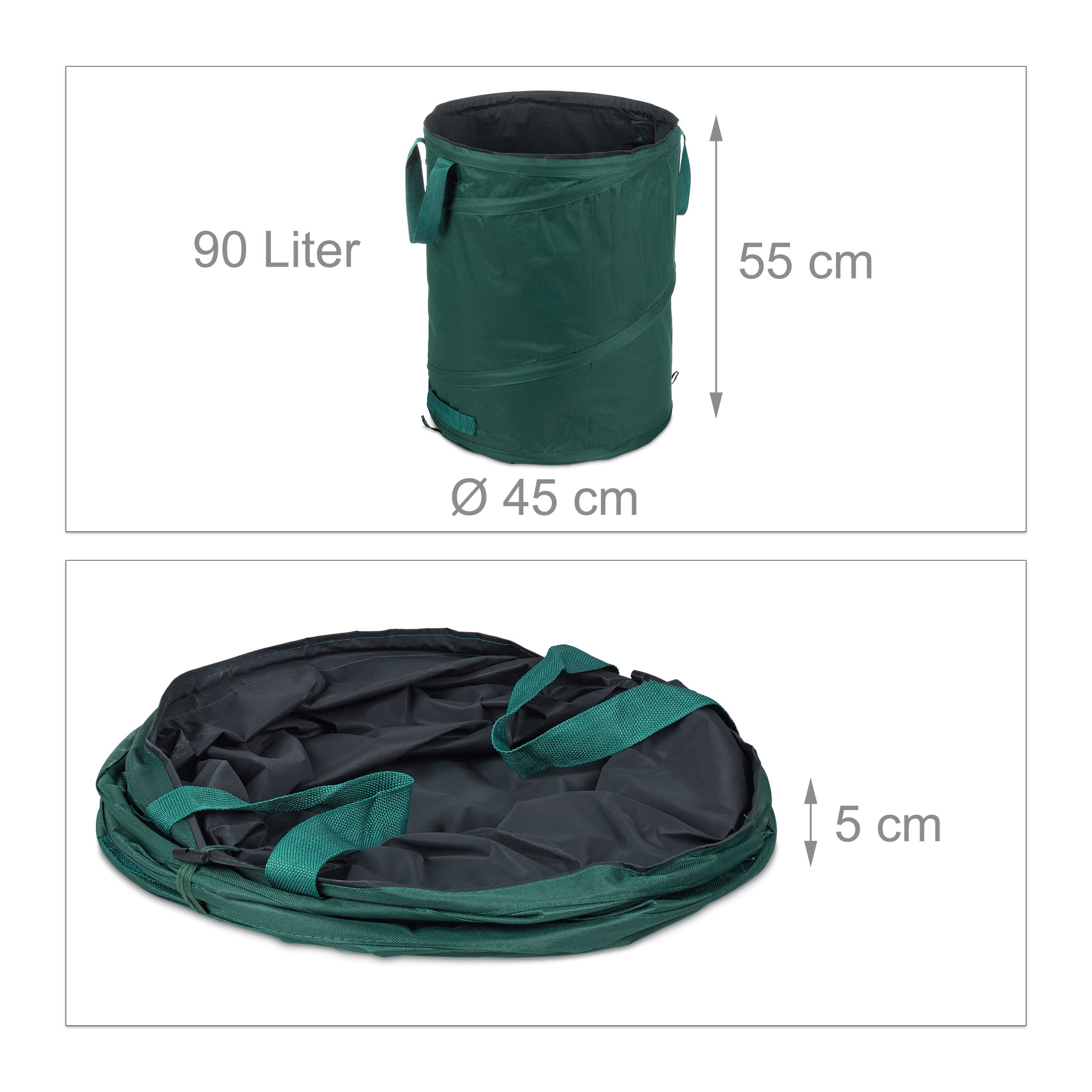 Relaxdays Bolsas Jardín, Auto-desplegables, Set3, 90L, Sacos Hojas PopUp, Asas, Resistente Rayos UV, Impermeables, Verde
