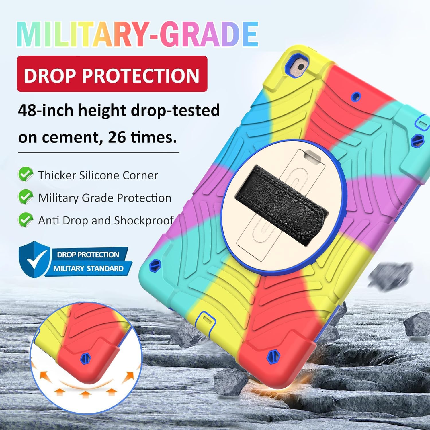  Case for iPad 9th/8th/7th Generation 10.2", Shockproof Rotating Stand Shoulder Hand Strap for iPad 9th/8th/7th Gen Case with Pencil Holder for iPad 10.2 inch 2021/2020/2019 - Colorful thumbnail