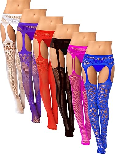 Skylety 6 Pairs Fishnet Stockings for Women Plus Size Thigh-high Tights Stockings Suspender Pantyhose Garter Belts - Medium-Large - Black, White, Rose Red, Purple, Red, Dark Blue