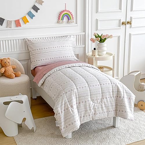 Miniatura 9 de Joyreap Juego de ropa de cama de algodón de 4 piezas para niñas, diseño de flores y hojas rosas, juego de edredón de algodón suave y transpirable,