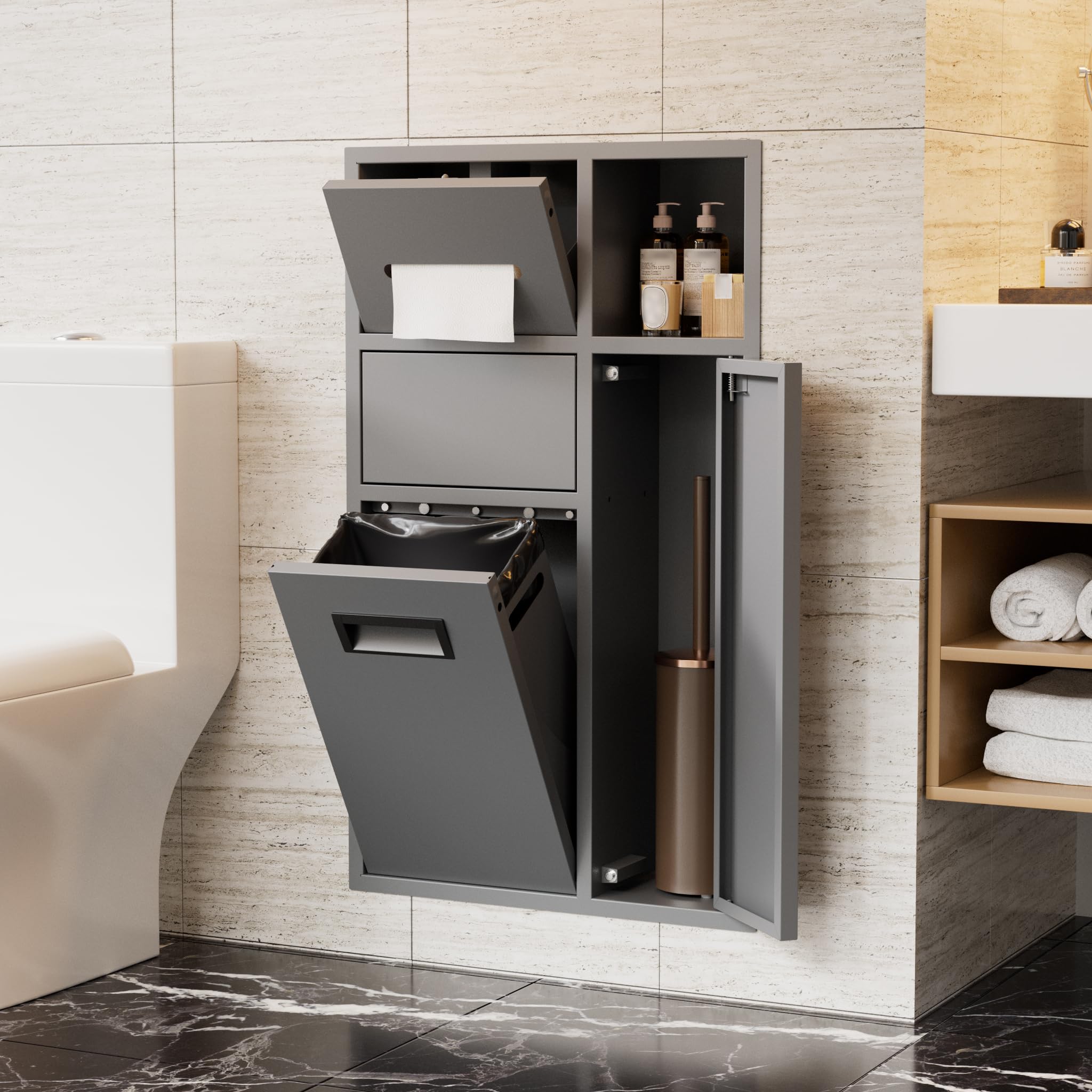 MSFE Portarrollos de Papel Higiénico Empotrado,4 en 1 Nicho de Acero Inoxidable con Porta Pañuelos, Estante,Papelera y Armario para Escobillas de Baño para Baños y Aseos,67 * 40 * 14.13 CM