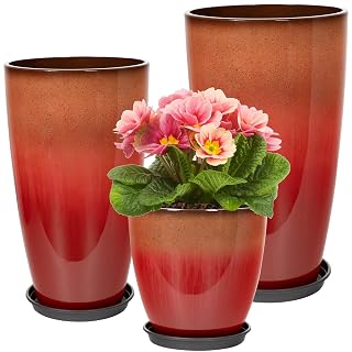 24/21/12 Inch Large Plastic Planter, Lightweight Ceramic-Look Tall Planters with Drain Hole & Saucers, Tall Plastic Planters for Porch, Garden, Patio, Balcony(Fiery Red) - Amazon product rated Grade A