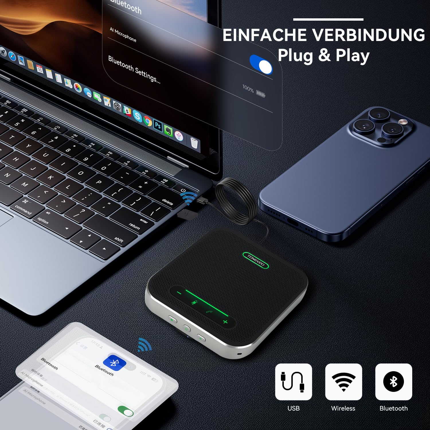 TONGVEO Altavoz de conferencia Bluetooth con micrófono, cancelación de ruido de IA, USB/Wireless Speakerphone para PC, 4 micrófonos, grabación de voz de 360°, 24H para zoom, equipos y oficina en casa