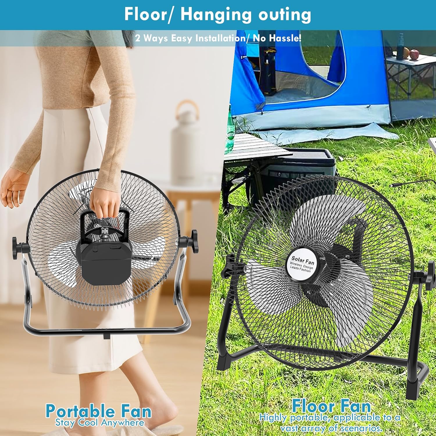 xingruyu 14'' Solar Powered Fan,15000mAh Rechargeable 2 in 1 Solar Panel or AC Charger Powered Solar Fan For Camping Fishing Household Indoor Outdoor