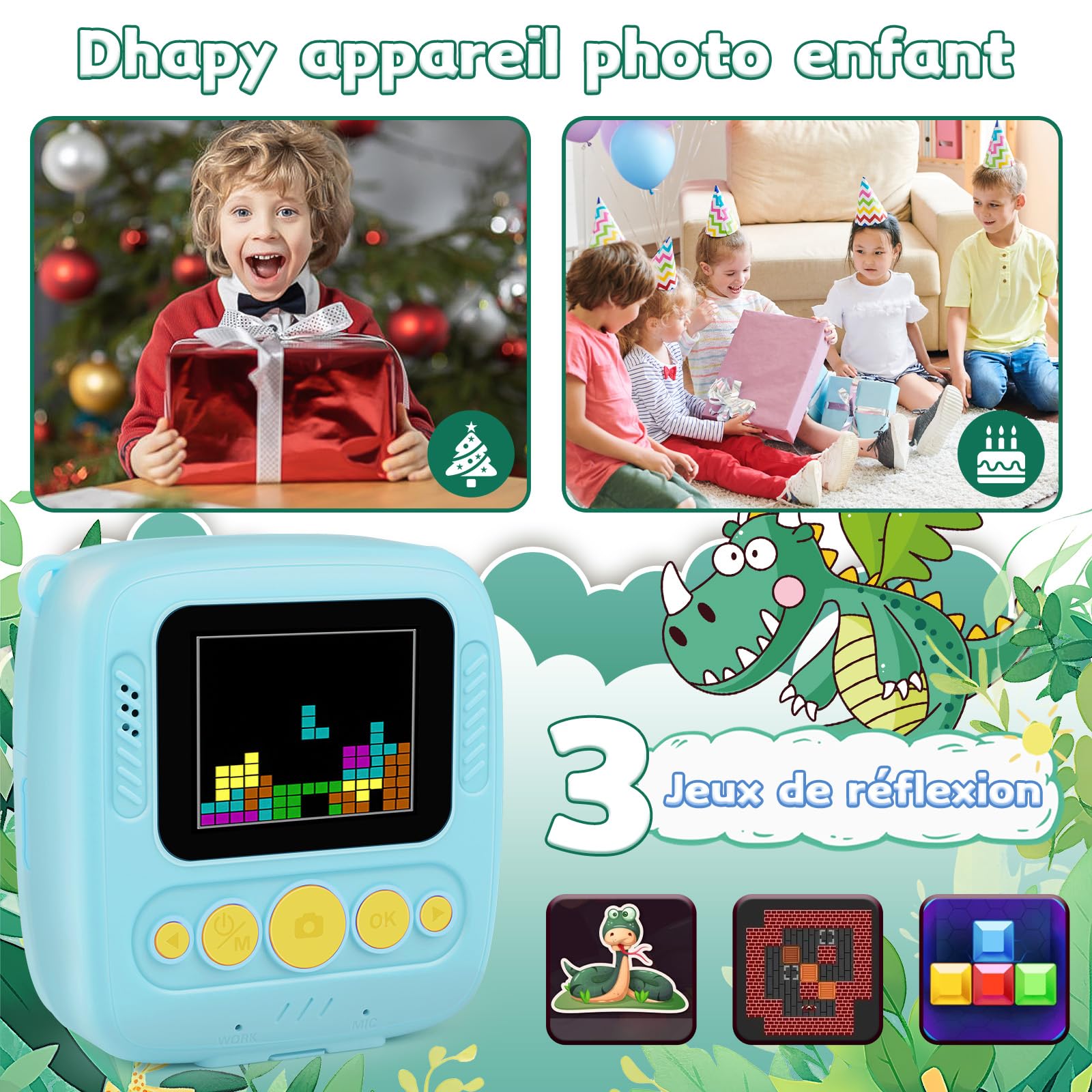 Dhapy Photo Instantané Enfant, 48 MP Appareil Photo Enfant avec Papier d'impression Et Carte TF 32 Go, 1080P Appareil Photo Enfant Instantanée, Cadeau pour Garçons Et Filles De 3 4 5 6 7 8 9 Ans Bleu
