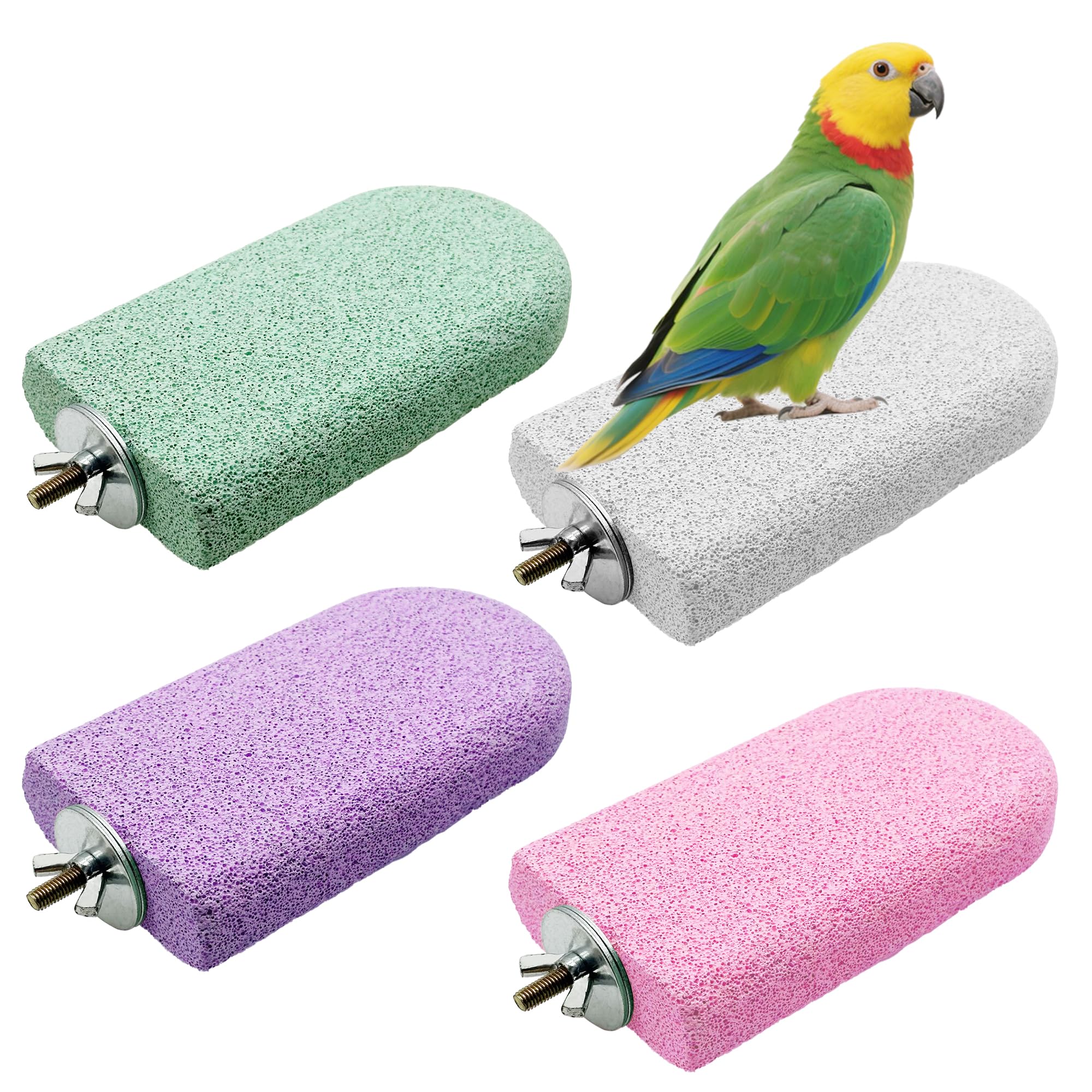 Allazone Pet Teeth Grinding Stone and Perch, Bird Perch Stands, Natural Chewing Toys for Small Medium Birds Budgies Conures Cockatiels Rats (4 Colores, Big)