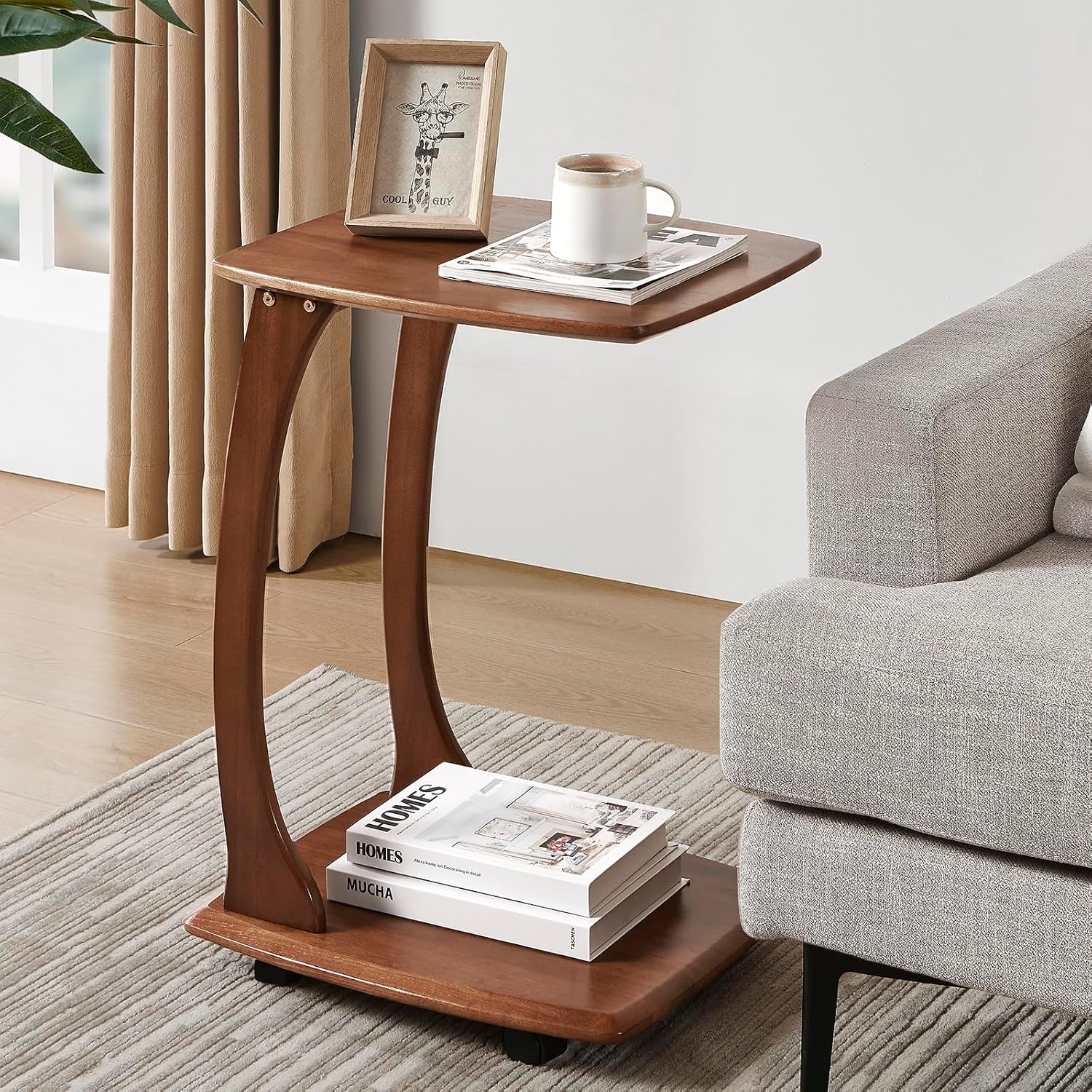 C Shaped End Table, C Table with Wheels, TV Tray Table, Side Table for Living Room, Bedroom (Walnut) (18.1" D x 13.7" W x 24.8" H)