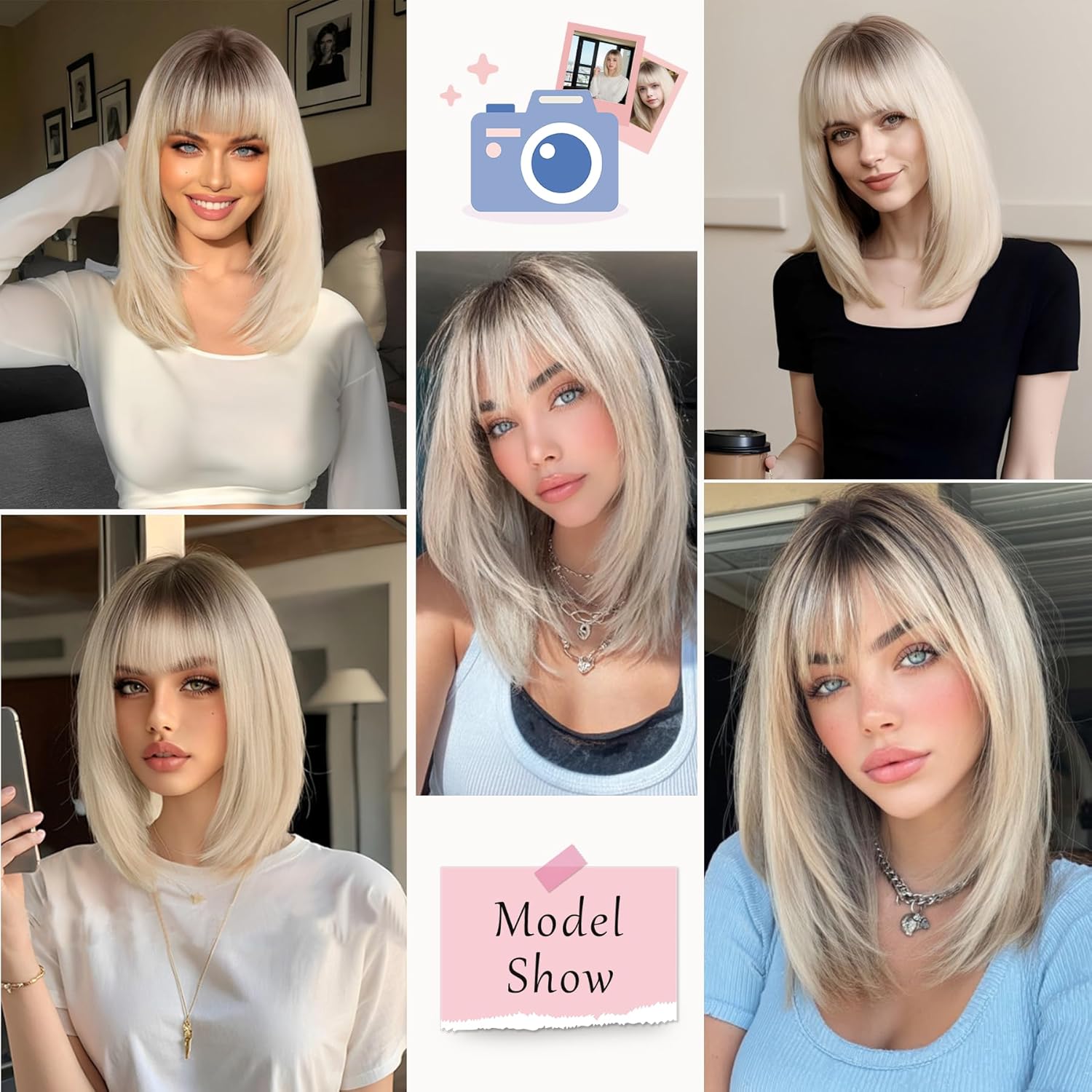 Blonde Bob Wig with Bangs Ombre Blonde Wigs for Women Short Straight Wig Synthetic 14 Inches Layered Wig Blonde Highlight Hair Replacement Wigs for Cosplay Daily Party Use - Image 6
