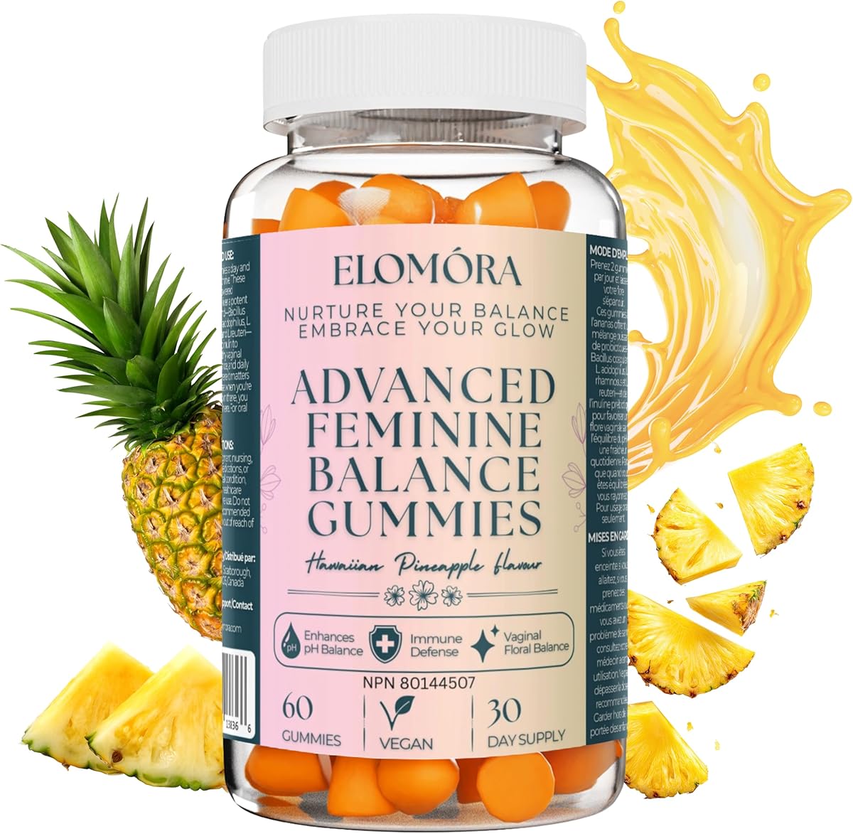 Elomora Feminine Balance Gummies – Proudly Canadian Premium Vegan, Probiotic + Vitamin C – Sugar-Free, Refreshing Pineapple Flavor – Supports Women’s pH, Gut & Immune Health Naturally – Non-GMO, Gluten-Free, 60 Delicious Gummies