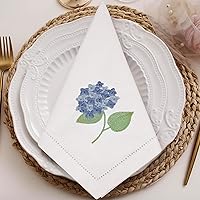 Hahafelt 4-Pack 18x18 Hydrangea Embroidered White Cotton Napkins - Reusable Fabric for Weddings, Parties, Outdoor Events
