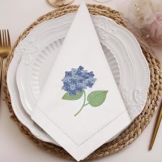 Hahafelt 4-Pack 18x18 Hydrangea Embroidered White Cotton Napkins - Reusable Fabric for Weddings, Parties, Outdoor Events