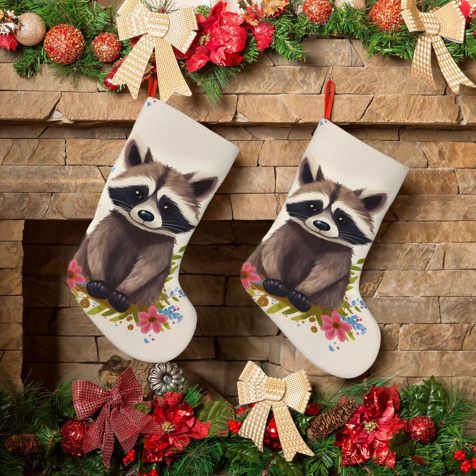 KLOPH Christmas Stockings 18" Personalized Xmas Stocking Raccoon Decoration Stocking Hanging Fireplace Stocking for Holiday Xmas Tree Christmas Fireplace Decor
