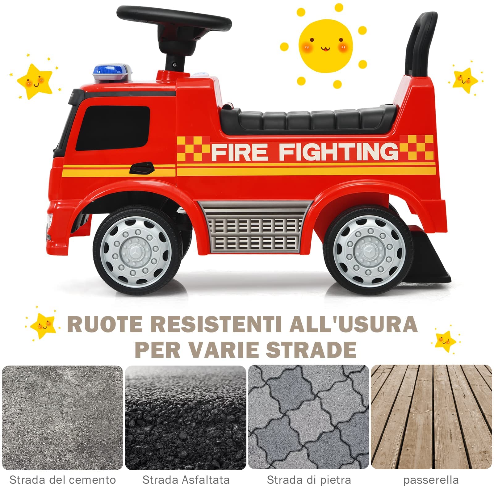 RELAX4LIFE Camion dei Pompieri cavalcabile per Bambini, Girello con Faro e Faro Girevole, con Clacson, Maniglia e Schienale, Spazio di stivaggio, per Bambini da 12 a 36 Mesi, Portata 25 KG