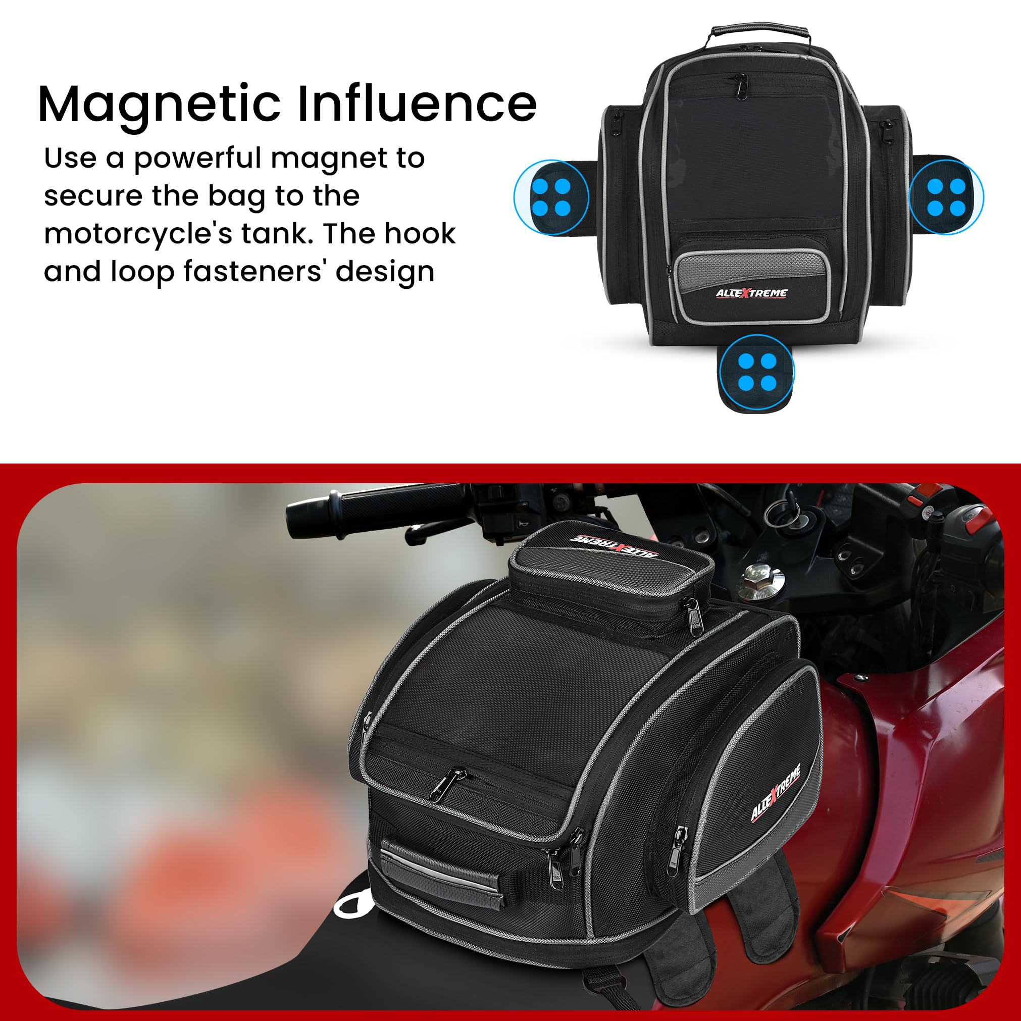 Allextreme EXFTB09 Magnetic Bike Fuel Tank Bag with Night Reflectors & Rain Cover Multi Storage Pocket Universal Fit Accessory for All Motorcycles (13Ltr, Pack of 1, Nylon-Black) - Image 4 thumbnail