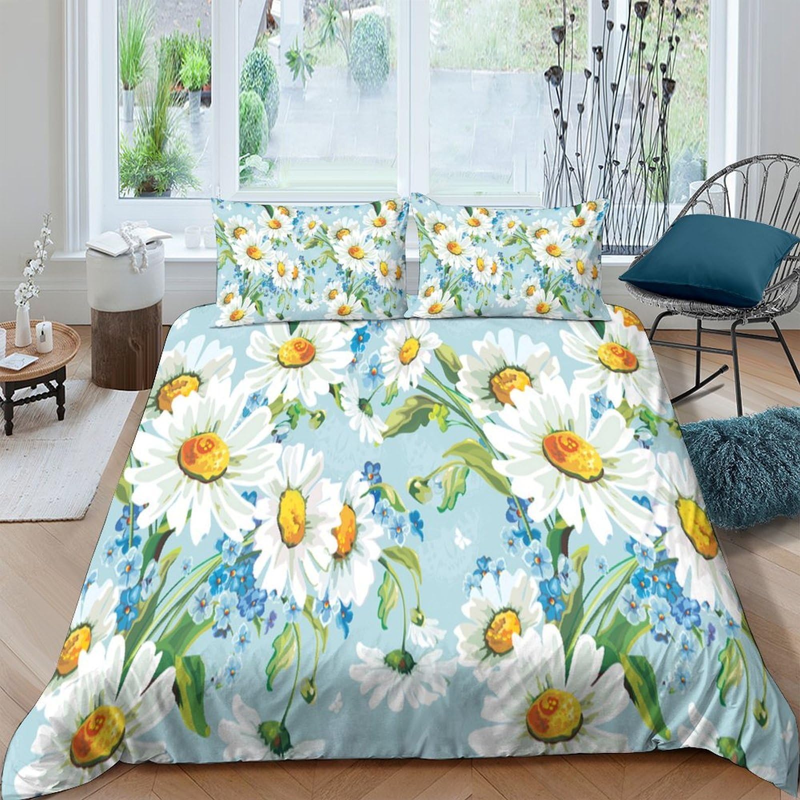 Ctjqhvkz Style-1 3D Printed Daisy Floral Fitted Sheet Microfiber Soft Blue Wildflower Mattress Cover For Bedroom Guest Room Decor Single（135X200cm）