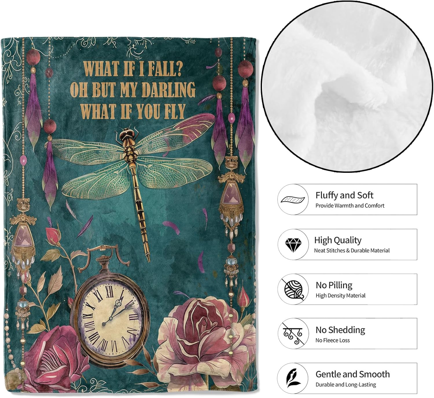 Inspirational Dragonfly Throw Blanket, 50x60in, Soft, Lightweight Flannel, Quote with Pocket Watch, Roses and Jewels Blankets, Gifts for Women, for Boho Home Living Room Decor - Image 2