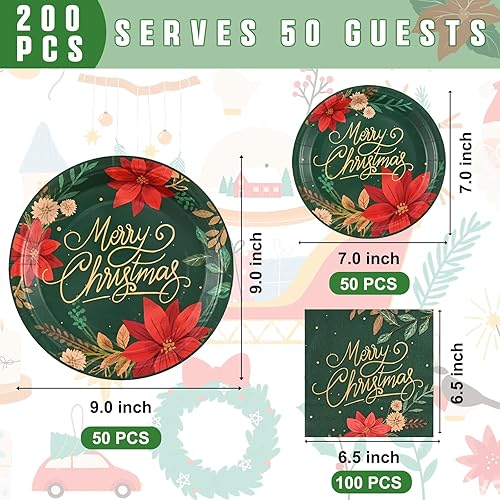 Miniatura 6 de Homlouue 200 platos y servilletas de papel de Navidad, platos de Navidad de Pascua verdes y rojos, desechables para 50 invitados, vajilla de papel