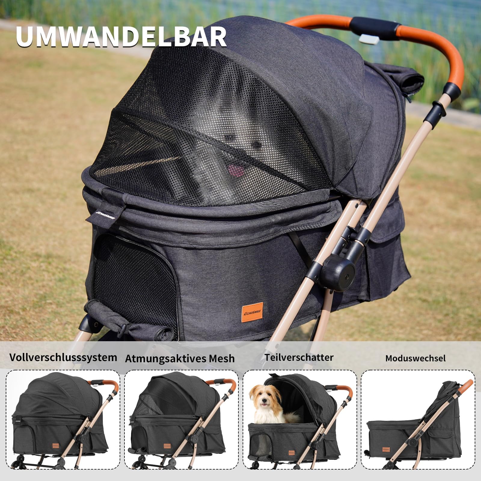 EchoSmile Ein-Knopf-Falt Hundewagen, Hundebuggy bis 20kg für kleine mittel Hunde & Katzen, Hunde Buggy & Katzenwagen mit Umkehrbarer Griff, Stoßdämpfung & Abnehmbares Waschbares Pad (Schwarz)