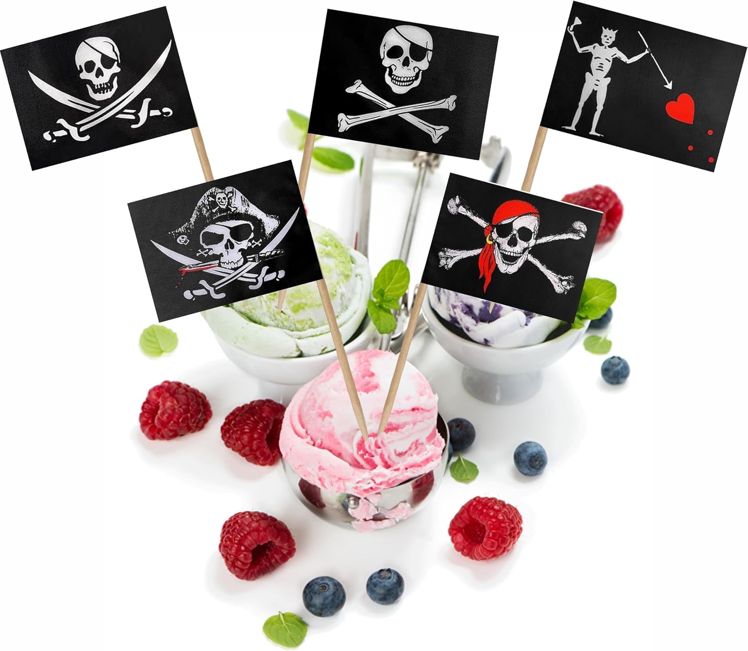 Pirate Toothpicks Skull Flag Set Small Mini Jolly Roger Jack Rackham Edward Teach Deadman's Chest Tricorner Cocktail Fruit Cupcakes Toppers Food Stick Flags for Party Decorations, 100 Pack