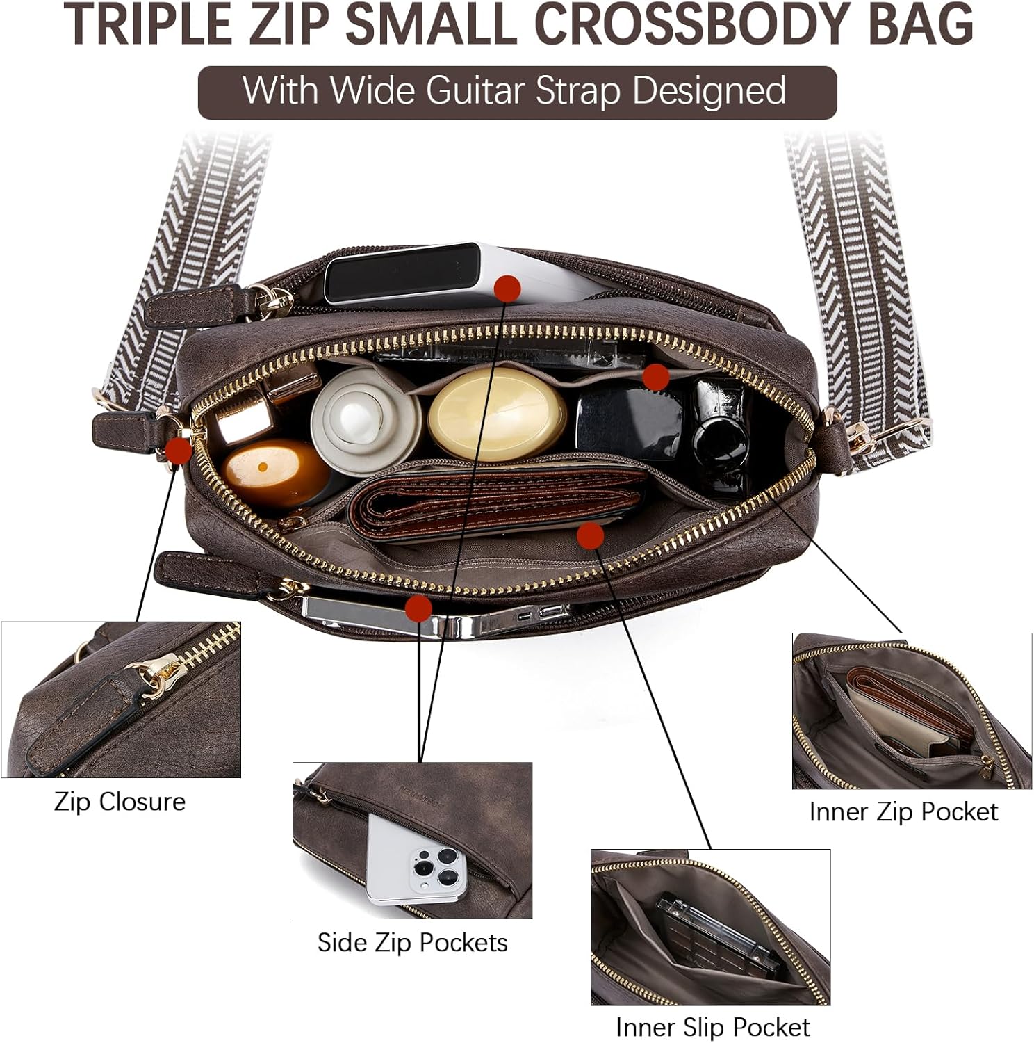 BOSTANTEN Small Crossbody Purse for Women Triple Zip Cell Phone Leather Handbag with Colored Shoulder Strap - Image 6