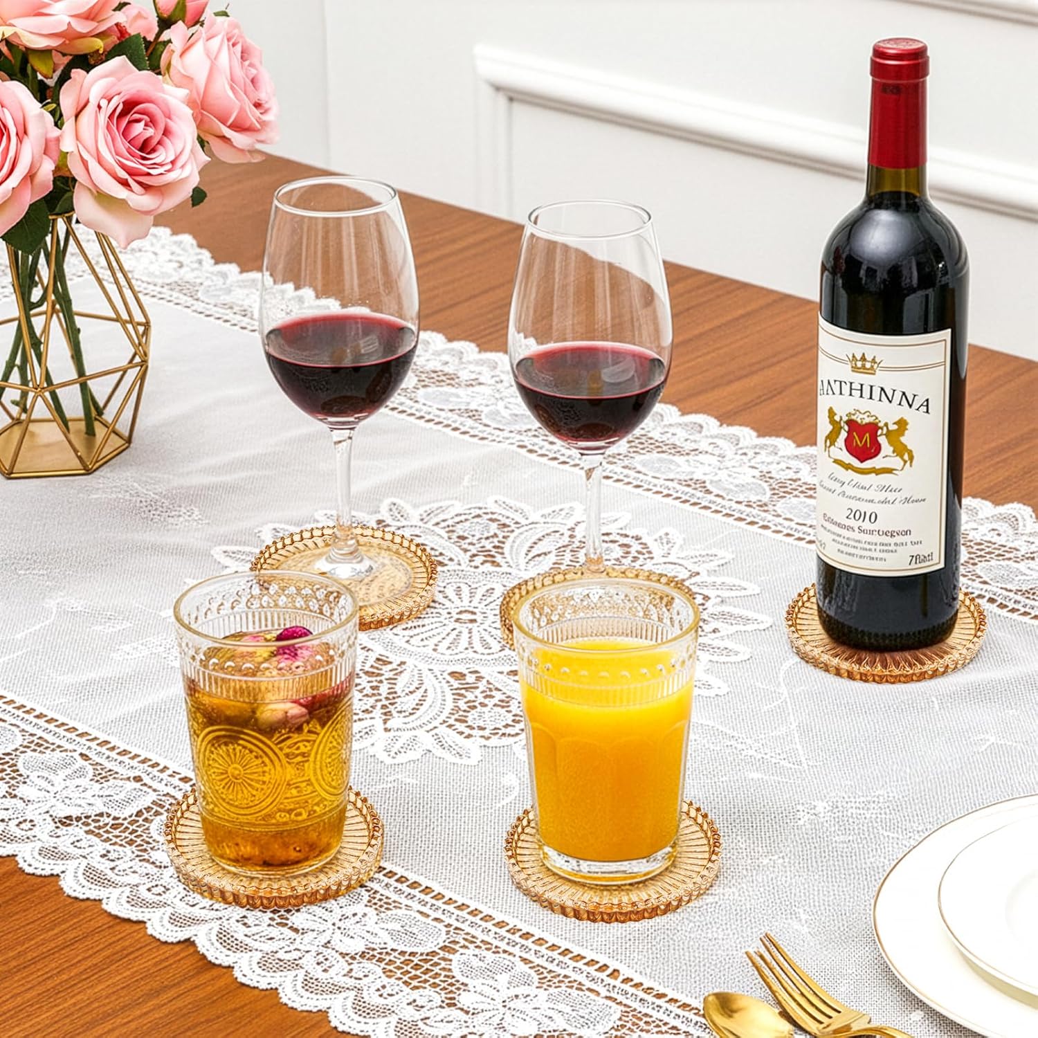 Elsjoy 8 Pack 4 Inch Glass Coasters for Drinks, Amber Tone Modern Clear Coaster Set, Round Crystal Glass Pillar Candle Holder Plates for Table Centerpieces, Home Decor - Image 6