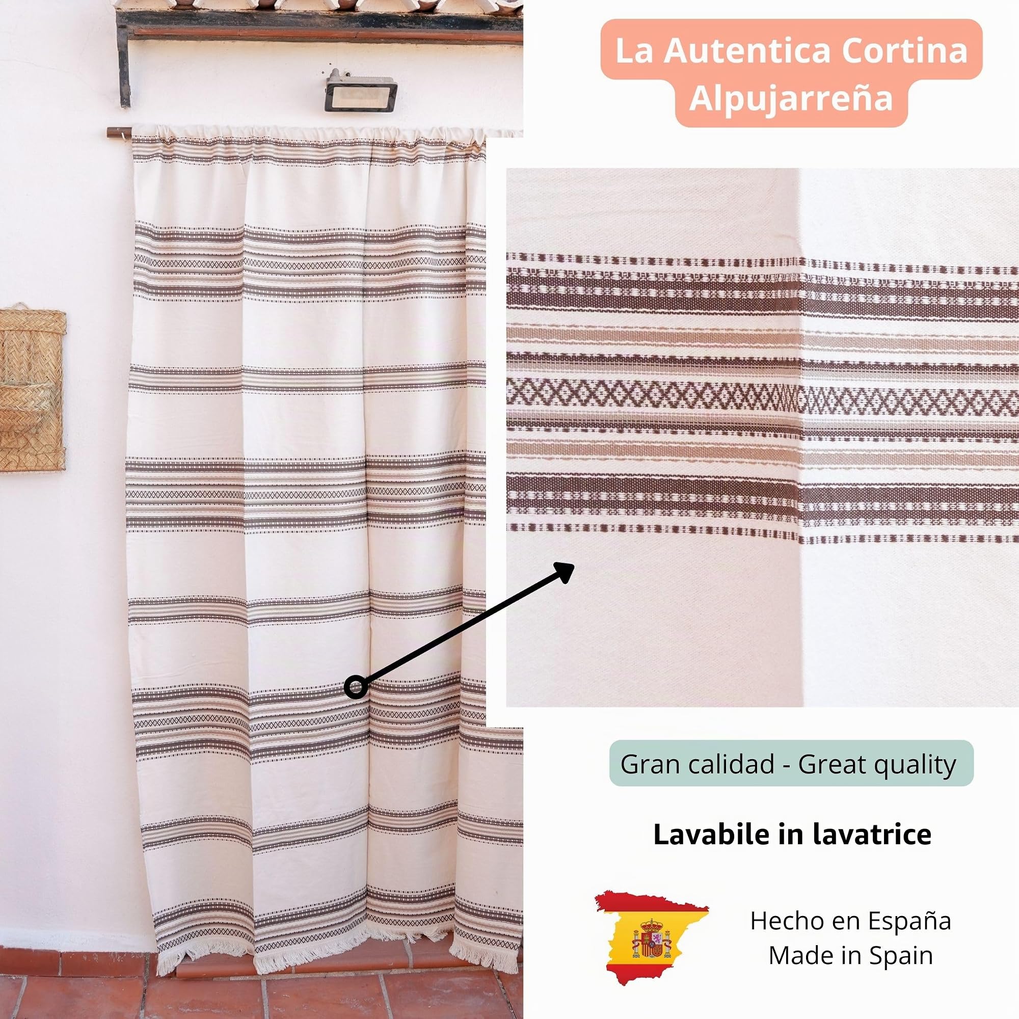 Tenda parasole rustica, (160 x 215 cm), Ecru Marrone Colore 103 Realizzata in Spagna, Fibra naturale di cotone - Tenda per porta esterna zanzariera e parasole