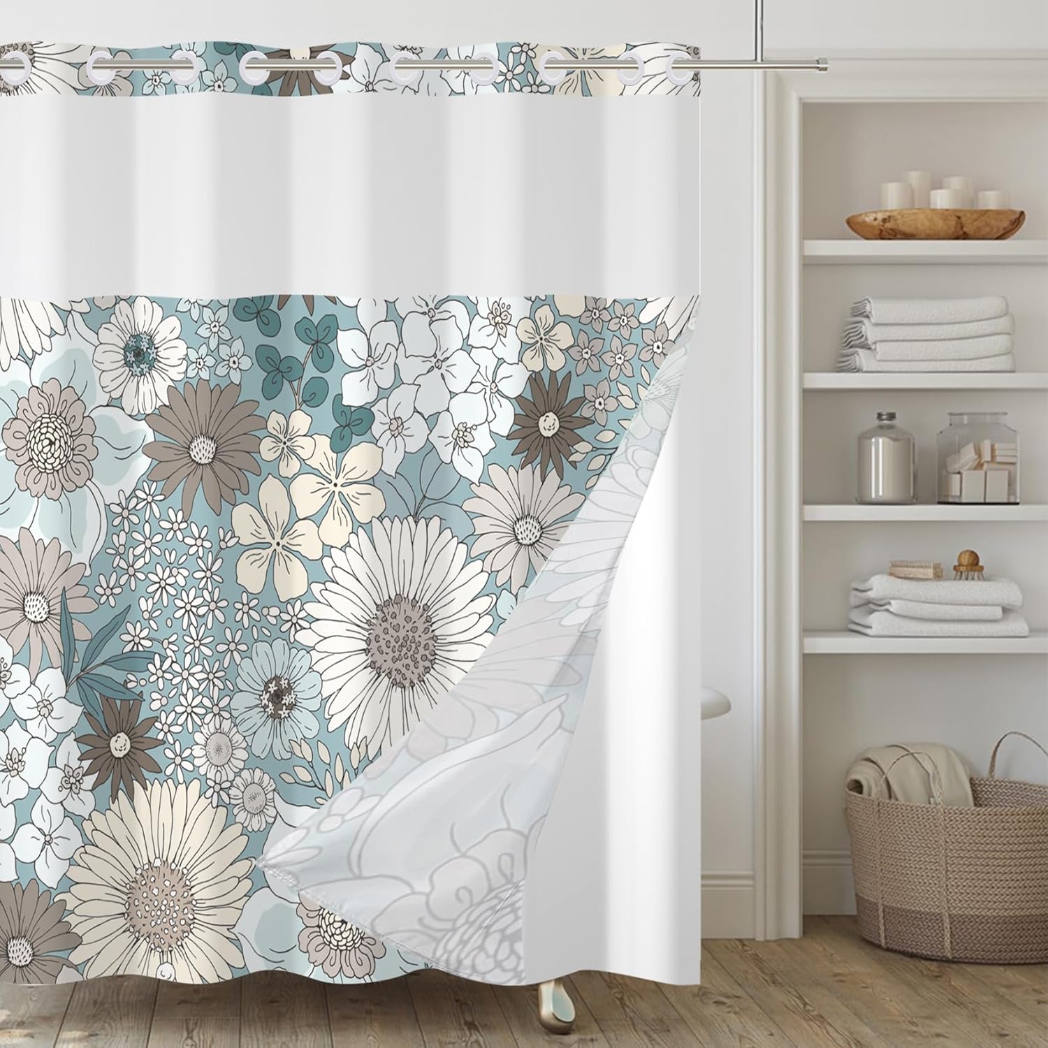 No Hook Shower Curtain,Blue Boho Flower Double-Layered Shower Curtain with Snap-in Liner and Weights,Light Blue Flower Floral Fabric Bath Curtain with See Through Mesh, 71x74in