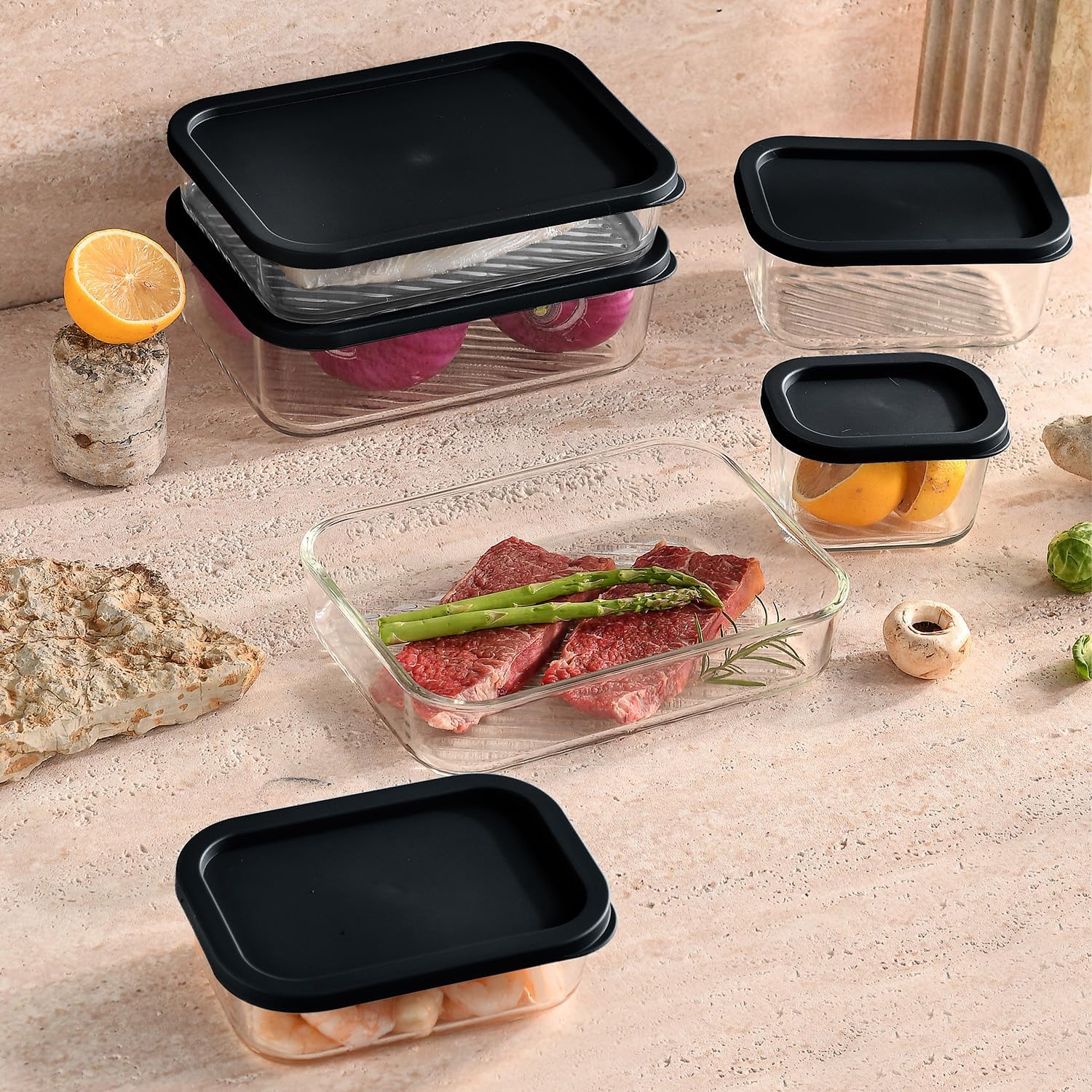 EATEX 14 Pack Glass Meal Prep Containers with Grooved Base, 14 Stackable BPA Free Glass Storage Containers with Lids for Lunch, Pantry, and Kitchen - Microwave, Dishwasher Freezer & Oven Safe - Black